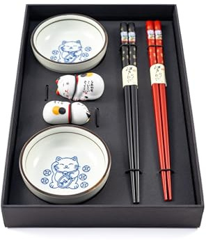 Caronte Flammae Japanische Essstäbchen Wiederverwendbare Essstäbchen Natürliche Bambus Sushi Essstäbchen Spülmaschinenfest mit Keramikständer und Sojasaucenschüssel (2 Paar Essstäbchen mit Ständer und