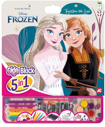 Cefa Toys Giga Block 5-in-1 Frozen Aktivitäten, 25 FSC-Malbögen, 8 Wachsmalstifte, 5 Filzstifte, 5 Wasserfarben und Blatt mit abnehmbaren Aufklebern. Geeignet für Kinder ab 3 Jahren.
