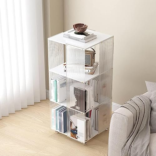YTGHBIML Bücherturm Freistehend 360° rollendes Bücherregal mit Rollen, transparentes Acryl, drehbares Bücherregal, abnehmbares Bücherregal, 4 Ebenen, Bücherregal-Organizer perfekte Darstellung