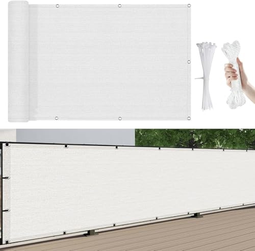 Balkon Sichtschutz, Balkonabdeckung 300 x 40 cm Windschutz Und Sonnenschutz, Balkonverkleidung Sichtschutz, mit Kabelbinder Und Kordel, für Balkon Zaun Garten, Weiß