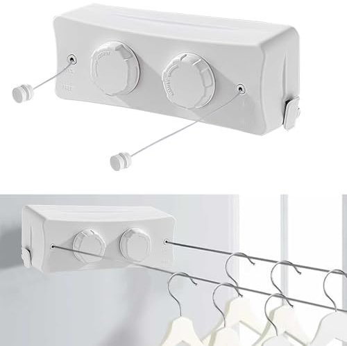 Double Corde à Linge RéTractable 5.1M Ligne double Fil A Ligne Retractable Murale avec 2 Accessoires Et 32 Vis Ligne De Lavage Extensible Peut Contenir 22 Kg Pour IntéRieur Et ExtéRieur (Blanc)
