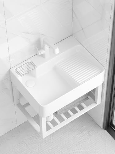 Lavatoio ceramica，vasca da bagno o lavelli da cucina，lavabo lavanderia，lavandino da esterno，Con rubinetto, asse per lavare e staffa in acciaio inossidabile, adatto per bagno, toilette, ristorante, cam