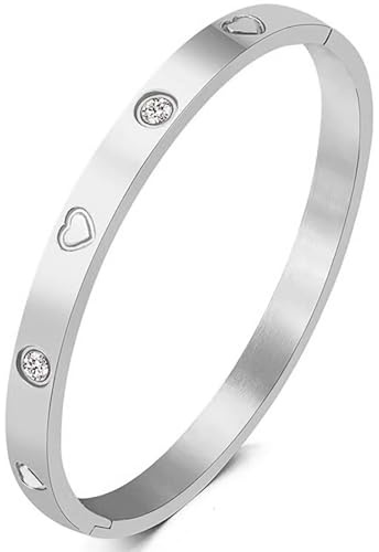 RIXERKOC 18k Gold plattiert Liebe Freundschaft Armband mit kubischen Zirkonia Steinen Armreif für Frauen Männer Edelstahl Armband für Liebe Paar Schmuck Armreif Geschenke (Silber-Herz, 48 * 58mm)