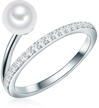 Valero Pearls Damen Ring 925/- Sterling Silber | rhodiniert, Perlenring, Zirkonia, weiß, Süßwasser-Zuchtperle, ca. 6,0 - 7,0 mm, weiß, rund