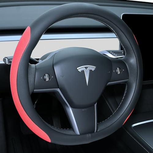 Uxcer Nappa Leather Steering Wheel Cover for Tesla Model 3/Y 2016-2025 2026 Juniper/Highland, Non-Slip Breathable Tesla Model 3/Y Steering Wheel Protector, Red