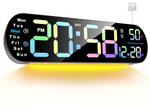 Large Digital Wall Clock 13.7’’ LED Wall Clock with Remote Control, 9 RGB Ambient Light, Auto Brightness, Date, Auto DST, 12/24h Mode, ℃/℉, Timer, Alarm Clocks USB Powered for Living Room Kitchen