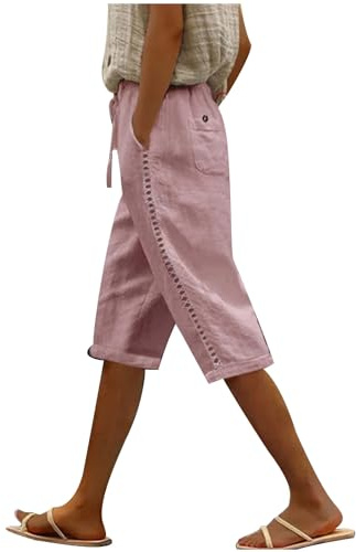 Linen Shorts Women Summer Knee Length Capri Pants Casual Plain Drawstring Cropped Trousers Ladies Comfy Lightweight Loose Fit Long Shorts