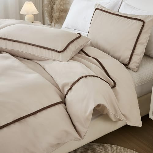Herside Soft Taupe Bedding Set Brown Ball Duvet Cover Set Single Size Solid Aesthetic Quilt Cover Vintage Rustic Pom Duvet Cover Set Solid Reversible Bedding with Zipper Closure