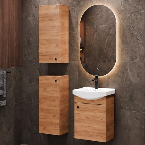 Planetmöbel Set di mobili da bagno lavabo con mobiletto 45 x 60 x 33 cm, specchio con illuminazione 50 x 90 cm, 2X armadi midi per WC ospiti, rovere oro