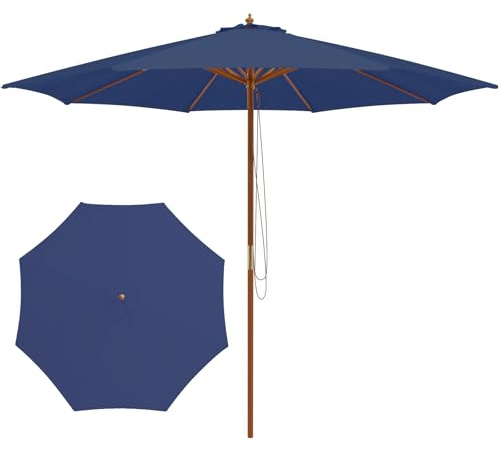 RELAX4LIFE Parasol Droit 3M en Bois, Parasol de Jardin Extérieur, 8 Baleines en Bambou, Levage à Poulie, Polyester Hydrofuge, Protection Solaire, Facile à Monter pour Balcon Terrasse (Marine)
