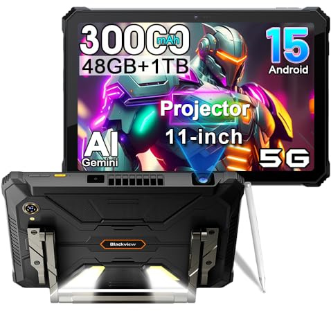 Blackview Active 12 PRO Projector Tablet,Android 15 Rugged Tablet,48GB RAM+1TB ROM, 30000mAh Dual 5G 11'' Display Outdoor Tablets,108MP+50MP Camera,Camping Light/WiFi 6E/BT 5.4/GPS