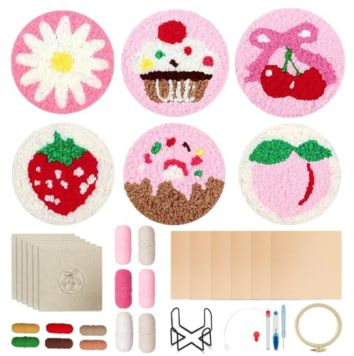 6 teiliges Punch Needle Untersetzer Set, DIY Needle Punch Handwerk Stickerei Kit für Anfänger Kinder Erwachsene, Punchneedle Coaster Kit mit Motiven, Garn, Stickrahmen, Anleitung & Halter
