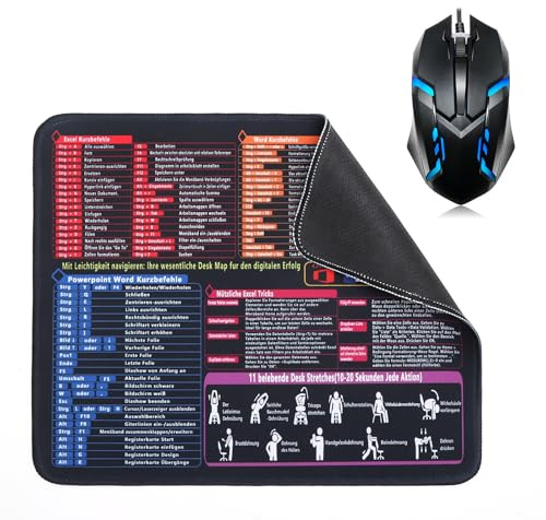 UOCAI Mauspad 250x300x3mm, Excel Mouse Pad Klein Shortcuts Unterlage Deutsch, Gaming Mousepad Rutschfest Wasserdicht, Excel Schreibtischunterlage mit Word PPT für PC Büro Laptop Arbeit Studium Zuhause