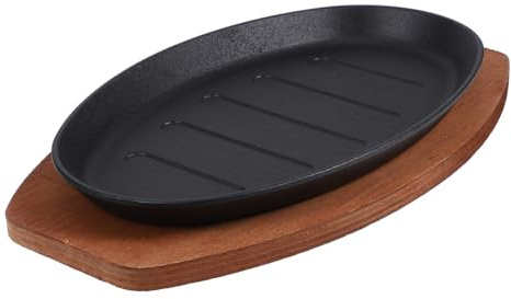 VERDANVERSE Plato Para Bistec De Hierro Fundido 25 Cm Con Base De Madera Resistente Calentamiento Uniforme Para Barbacoa Utensilio Esencial De Cocina Para Asados y Reuniones Familiares