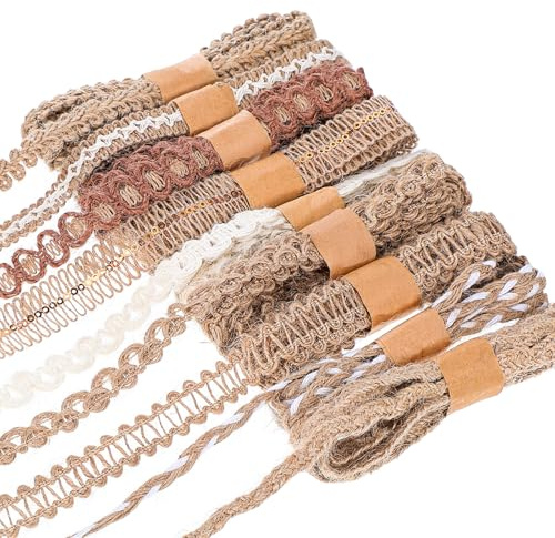 LXUEJIE 9 Rolle Vintage Bastelband Natur Juteband Spitzenband Geschenkband | Boho Juteband mit Spitze Geschenkbänder Sackleinenband für DIY Geschenke Verpackung Jahrestag Hochzeit Party Basteln Deko