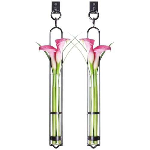 COURONNE CO. Florence Hanging Pendant Tube Vase with Wall Hook, Clear Flower Holder, Glass Vases for Flowers, Wall Plant Hanger for House Vase Decor, 16.’’H, Pack of 2