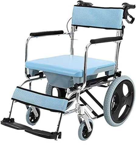 Fauteuil roulant, pliable, avec chaise percée de salle de bain, cadre en aluminium pliable, dossier rembourré avec freins à main