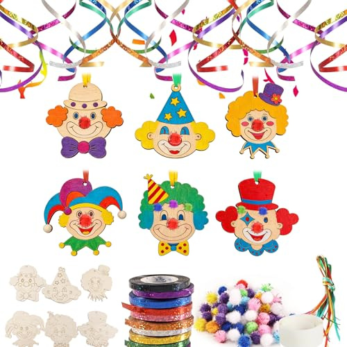 12er Clown Basteln Kinder Karneval Deko aus Holz - DIY Zirkus Bastelset zum Fenster deko für Fasching Kindergeburtstag Kreativset - inkl. 12 Holzscheibe zum Bemalen, 100 Bommeln, 11 Farbbänder