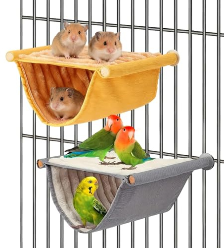 2 Stück Vogel Hängematte Etagenbett, Wellensittich Spielzeug Vogelnest HöHlen Schlafplätze Winter Warm Vogelnest Haus Grau und Gelb Vogelkäfig Zubehör für Papageien Käfig Hamster