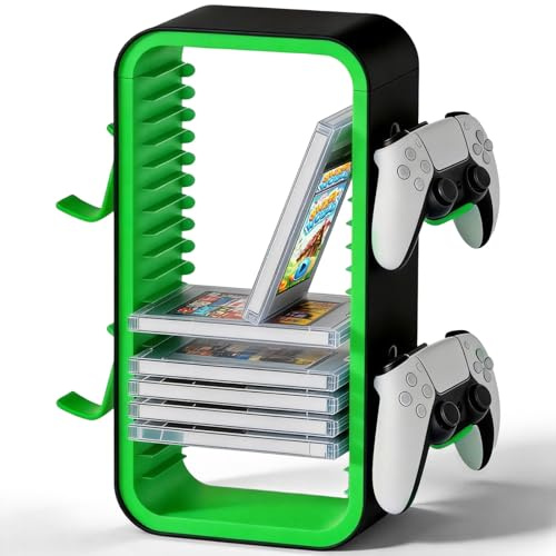 NBOUOU Game Storage Tower Suitable for PS4/PS5 Games Holder Storage, Controller Holders for 4, Compatible for PS5/PS4/Switch and Xbox One/360/Series X/S/Game Cases, 19 Storages Rack (Black/Green)
