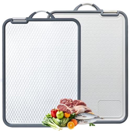 Large Stainless Steel Chopping Board, 40x30cm Cutting Board for Kitchen and Outdoor Double Sided 304 Stainless Steel and Wheat Straw PP Food-Grade with Sharpening Zone for Meat Vegetable Fruit