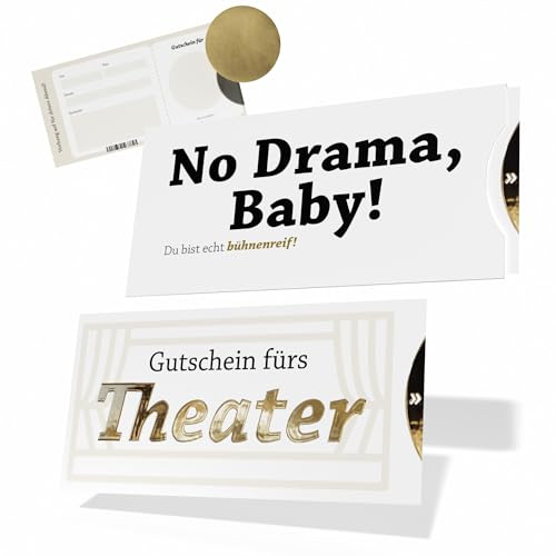 Theater Gutschein mit Golddruck und lustigem Spruch - No Drama Baby | Gutschein zum selber ausfüllen für Theaterkarten, Geburtstagskarte Verpackung Theaterbesuch, mit Schuber und Rubbelaufkleber