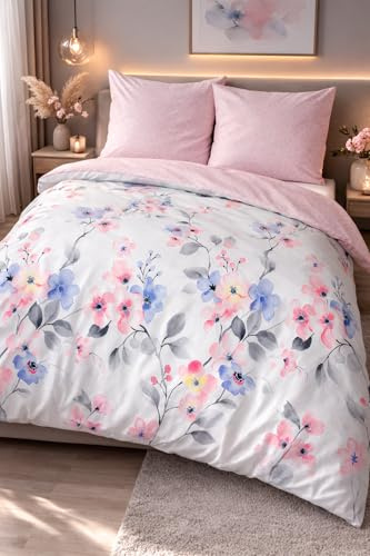 Leonado Vicenti Wendebettwäsche 4-teilig 135x200 cm 100% Baumwolle Renforcé – Blumenmuster Weiß mit Rosa & Blau – 2X Bettbezug & 2X 80x80 cm Kissenbezug – Mit Reißverschluss – ÖKO-TEX Standard 100