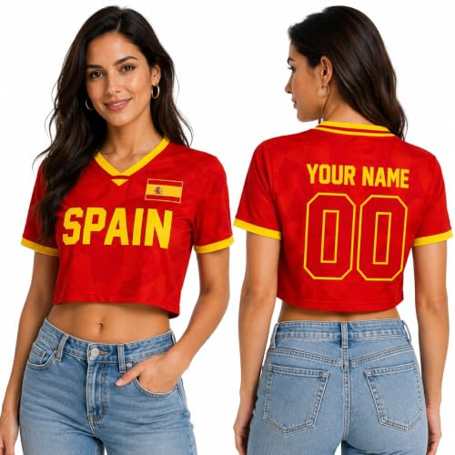 Camiseta España Mundial 2026 Mujer Personalizable Crop Top | Nombre y número custom, Diseño bandera España, Para animadoras, Transpirable y cómoda, Cuello en V