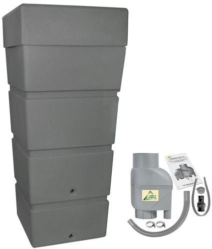 Regentonne Regenfass Ecktonne Regenspeicher Regenwasserbehälter mit Fallrohrfilter, Regenfilter T33 grau FROSTSICHER - Moderne Eck-Regenwassertonne mit stabilem Deckel als Pflanzschale
