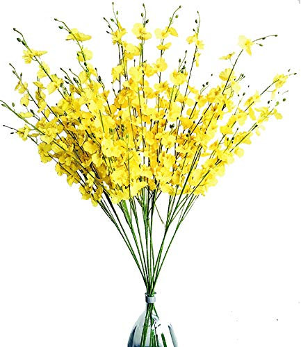 Fycooler 12pcs Artificial Orchids Flowers Fake Silk Dancing Lady Orchid Faux Long Stem Flowers Plants for Home Wedding Office Party Festive Indoor Outdoor Decoration (Yellow)-95cm