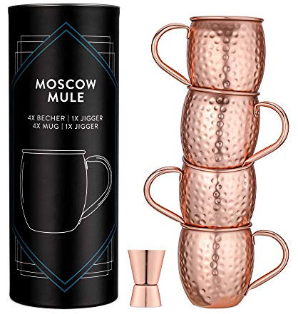 Navaris 4X Boccale per Moscow Mule - Set 4X Bicchieri 500ml in Acciaio Rivestito Rame e Ampia Impugnatura 1x Misurino Jigger per Cocktail Birra Drink