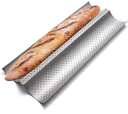 KITESSENSU Nonstick Baguette Pans for French Bread Baking, Perforated 2 Loaves Baguettes Bakery Tray, 15”x6.3”, Silver