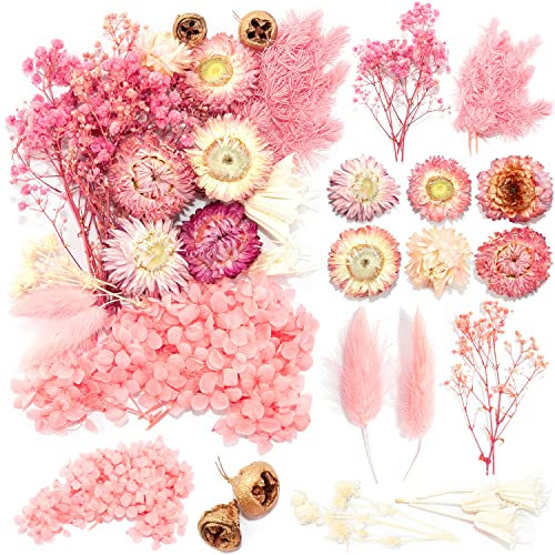 iDattel Natürliche Getrocknete Blumen,Blumen Natürliche Gemischte,DIY Natürliche Getrocknet Blumen Set für Kunst Basteln DIY Harz Scrapbooking Handwerk Karten Machen（Rosa weiße）