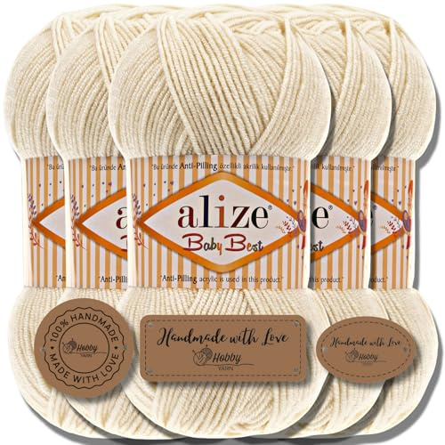 Hobby YARN 3x Etikettenlabel mit Alize Baby Best Wolle Premium 5x100g als Set | Antipilling Babywolle Acryl Uni & Batik Strickgarn zum Häkeln und Stricken (Crema ligera | 62)