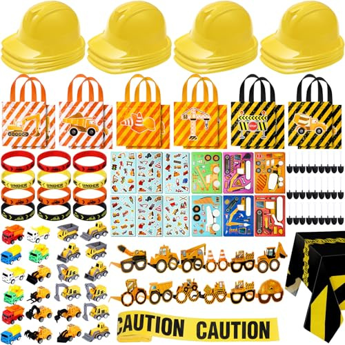 Sratte 148 Pcs Construction Birthday Party Supplies Include 12 Construction Hat, 24 Truck Toy, 24 Vehicle Sticker, 12 Silicone Bracelet, 12 Goodie Bag, 12 Paper Glasses, 50 Shovel, 1 Tablecloth 1 Tape