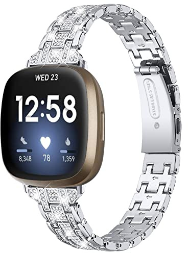 Gimuk Metallarmband Kompatibel Mit Fitbit Versa 4/Sense 2/Versa 3/Sense, Edelstahl Bling Strass Ersatzarmband für Damen Herren, Small/Large