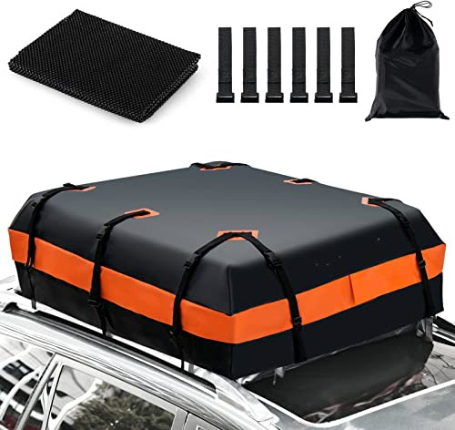COSTWAY 15/21 Cubic Feet Car Roof Bag, 100% Waterproof Roofing Cargo Carrier with Anti-Slip Mat, Combination Lock & Straps, Rooftop Luggage Storage Box (No Lock, Black+Orange, 21 Cubic Ft/568L)