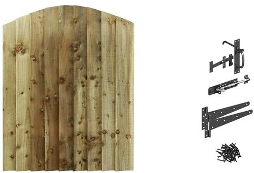 Made to Measure 4ft Wooden Garden Gate, Suffolk Latch Fixing Kit, Custom Feather Edge Semi-Braced Arch Top Treated Timber Door for Outdoor Pathway Home Access, MAX 120cm High x MAX 90cm Wide