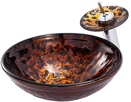 Artistic Vessel Sink Bathroom Tempered Glass Vanity Round Bowl with Stainless Steel Chrome Plated Hot and Cold Tap and Drain Fittings Flame Red 16.5 x 16.5 x 14.7 cm (Style 1)