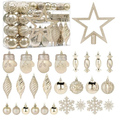 Alupssuc 80pcs Multi-Shaped Christmas Baubles Ornaments Set With Hooks,Christmas Tree Decorations,Shatterproof Plastic Decorations for Holiday, Party & Wedding,Champagne Gold