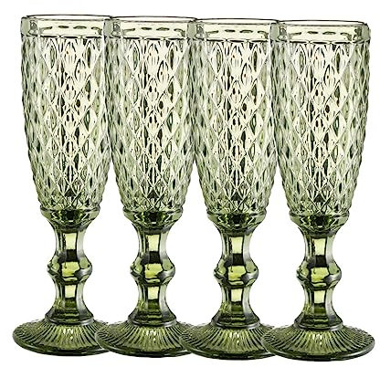 HIUHIU Verre À Vin Vintage De 4, Verre À Cordial Coloré Et Gaufré, Verre À Pied Transparent De 5 Oz pour Mariage/Partie/Bar,Vert,Diamonds