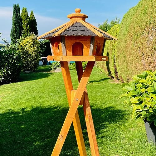 DARLUX Sechseck-Futterhäuschen L, Holz-Vogelhaus Mit Ständer In Schwarz-Braun