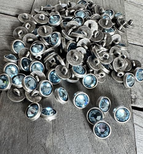 10 Stück kleine Mini Metall Knöpfe silber matt mit farbigem Strass in hellblau, blau, rosé, lila oder hellgrün 10mm (hellblau)