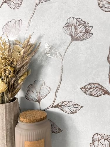 Newroom Tapete Grau Bronze Vlies Blumentapete - Floral Romantisch 3D Relief Rosentapete für Schlafzimmer Wohnzimmer