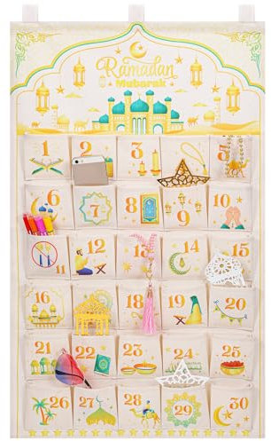 DPKOW Ramadán 30 Calendario de Adviento para Rellenar, Eid Calendario de Adviento Colgante para Ramadán Decoración de Puertas Pared, Ramadán Calendario con 30 Bolsillos para Regalo de Ramadán Eid