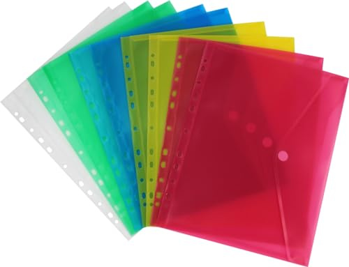 Nachhaltige Dokumententaschen / 10 Stück/mit Klettverschluss aus Post-Consumer-Recycling PP mit Abheftrand EURO-Lochung, transparent farbig sortiert – 10 Stück (A4)