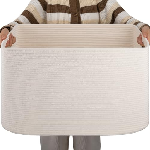 OIAHOMY Cesto rettangolare per coperte, 96 l, cestino in cotone per riporre vestiti, per soggiorno, asilo nido, camera da letto, organizzazione dei giocattoli, con manico, 61 x 40,6 x 38,1 cm, bianco