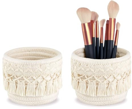 Kotkiddy 2 soportes para brochas de maquillaje, organizador, cepillo peine, mini cestas, cestas con decoración bohemia para bolígrafos, caja de lápices, contenedores, 10 x 10 cm (blanco)