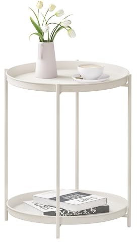 WOLTU Beistelltisch rund, Couchtisch mit Stauraum, 2 abnehmbare Tabletts, Wohnzimmertisch Nachttisch Sofatisch, Kleiner Tisch für Wohnzimmer Schlafzimmer, aus Metall, Creme, BTS17cm