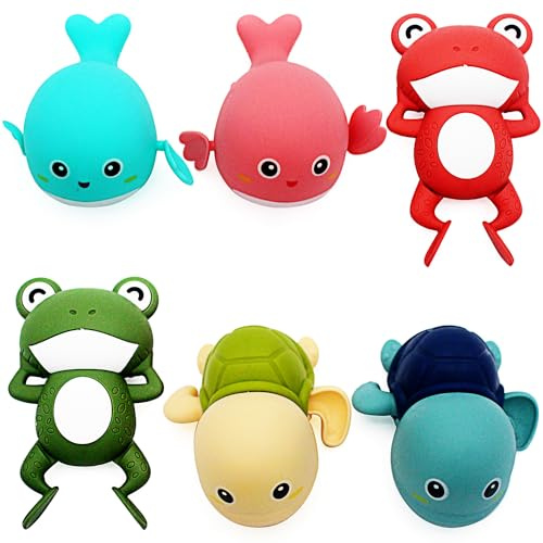 Escomdp Baby Toddler Bath Toy Cute Wind Up 6 Animals (2 Turtles, 2 Frog, 2 Whales) for Bathtub, Water Tank, Swimming Pool 1-3 Year Old Kids Gifts - 6 Pack